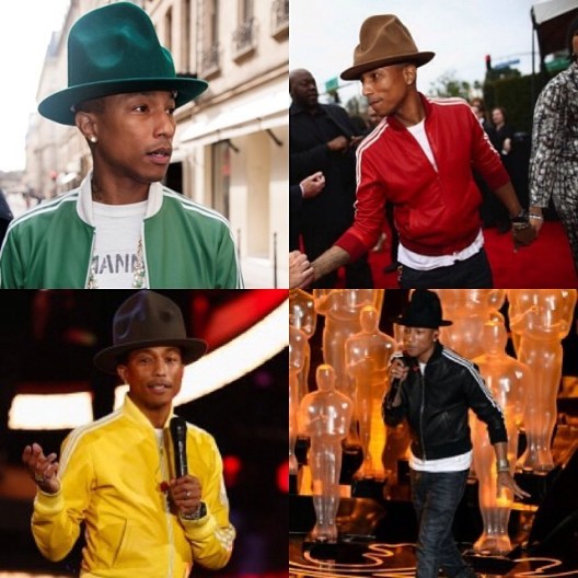 Pharrell-Williams-wears-green-red-yellow-black-leather-Adidas-Superstar-Track-Jackets-Collab