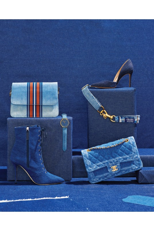 From Left: Circus by Sam Edelman’s bag. Manolo Blahnik × Rihanna’s boot. RumbaTime’s watch. Louise et Cie’s pump. Martin Keehn’s belt. Chanel’s bag.